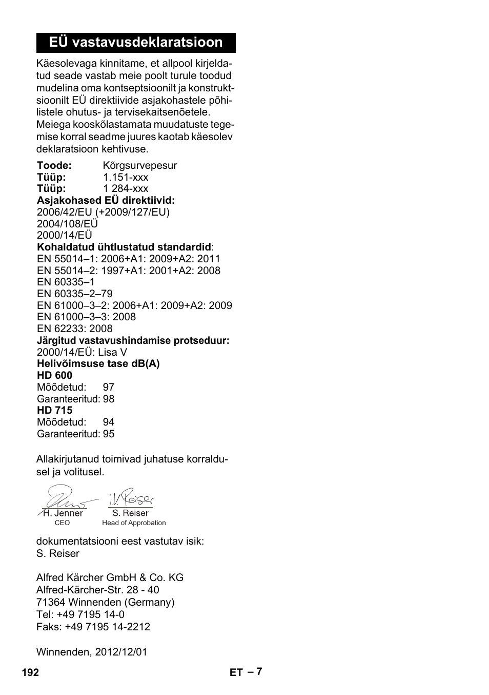 Eü vastavusdeklaratsioon | Karcher HD 715 User Manual | Page 192 / 222