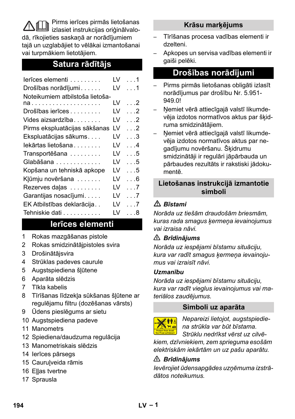 Latviešu, Satura rādītājs, Ierīces elementi | Drošības norādījumi | Karcher HD 715 User Manual | Page 194 / 222