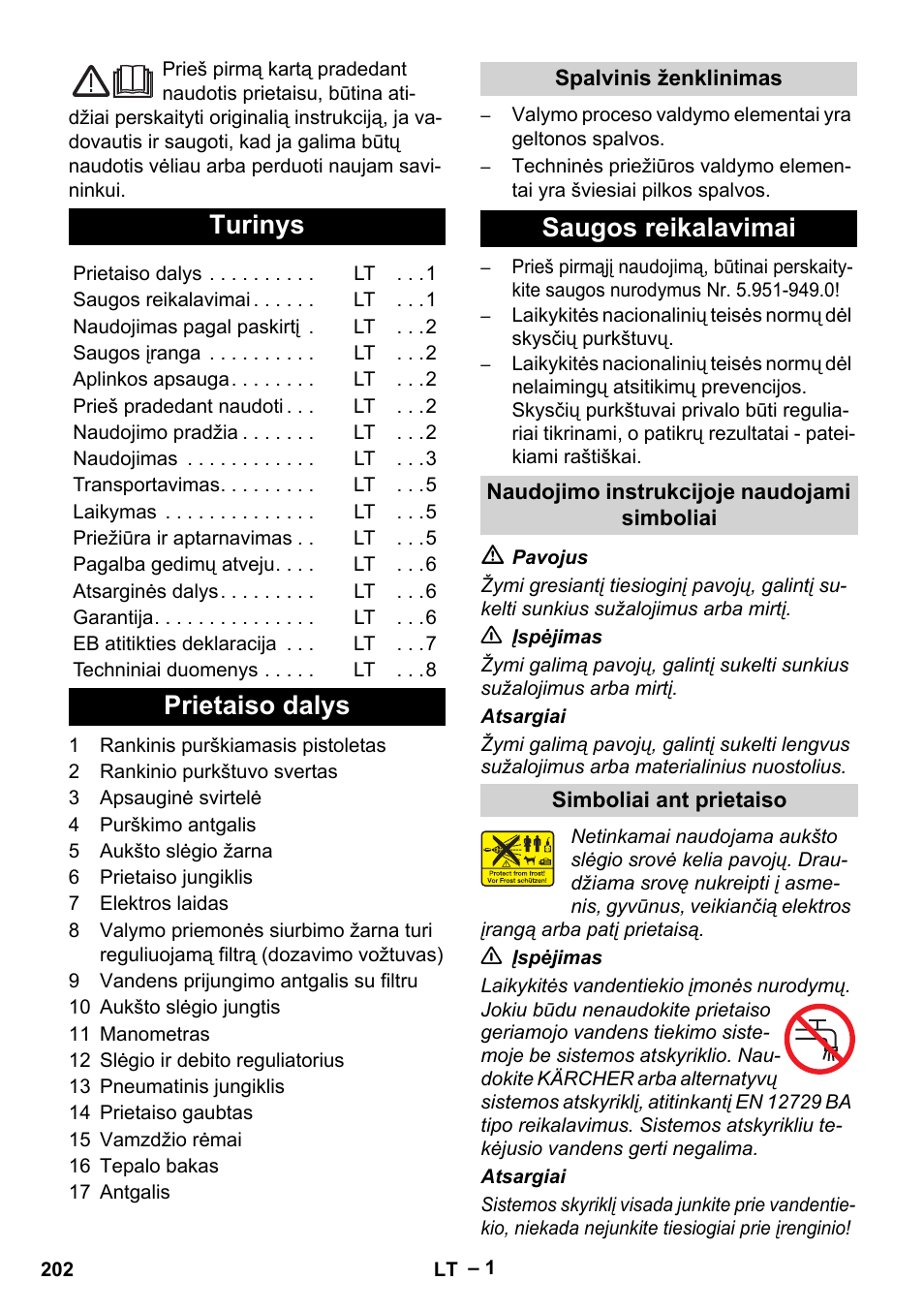 Lietuviškai, Turinys, Prietaiso dalys | Saugos reikalavimai | Karcher HD 715 User Manual | Page 202 / 222