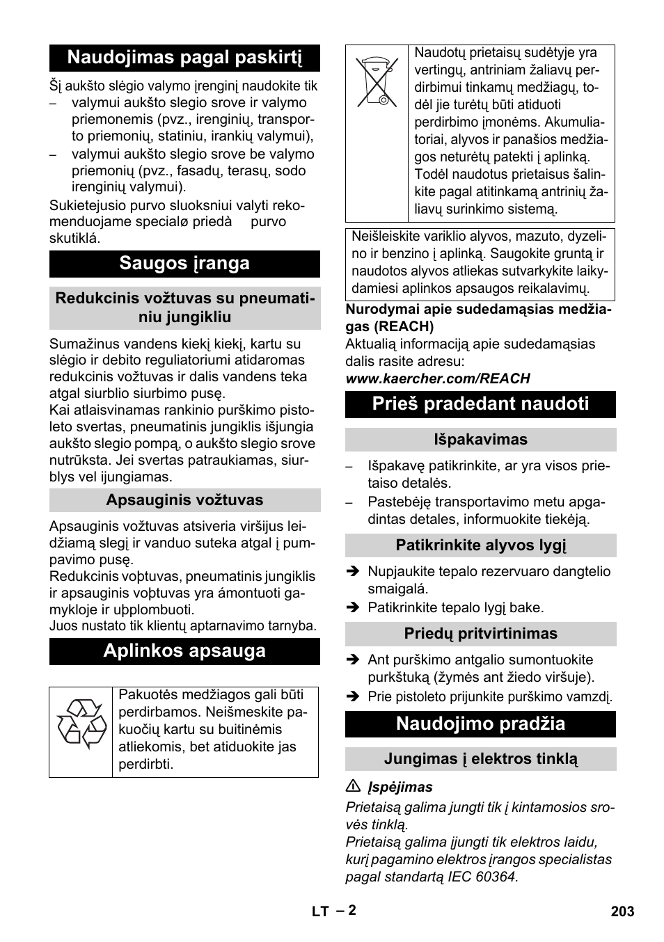 Naudojimas pagal paskirtį saugos įranga, Aplinkos apsauga, Prieš pradedant naudoti | Naudojimo pradžia | Karcher HD 715 User Manual | Page 203 / 222