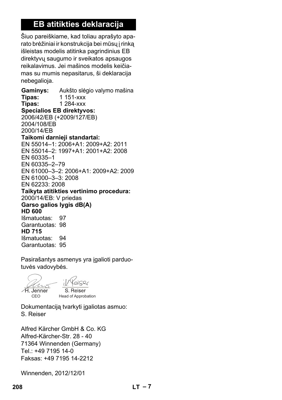 Eb atitikties deklaracija | Karcher HD 715 User Manual | Page 208 / 222