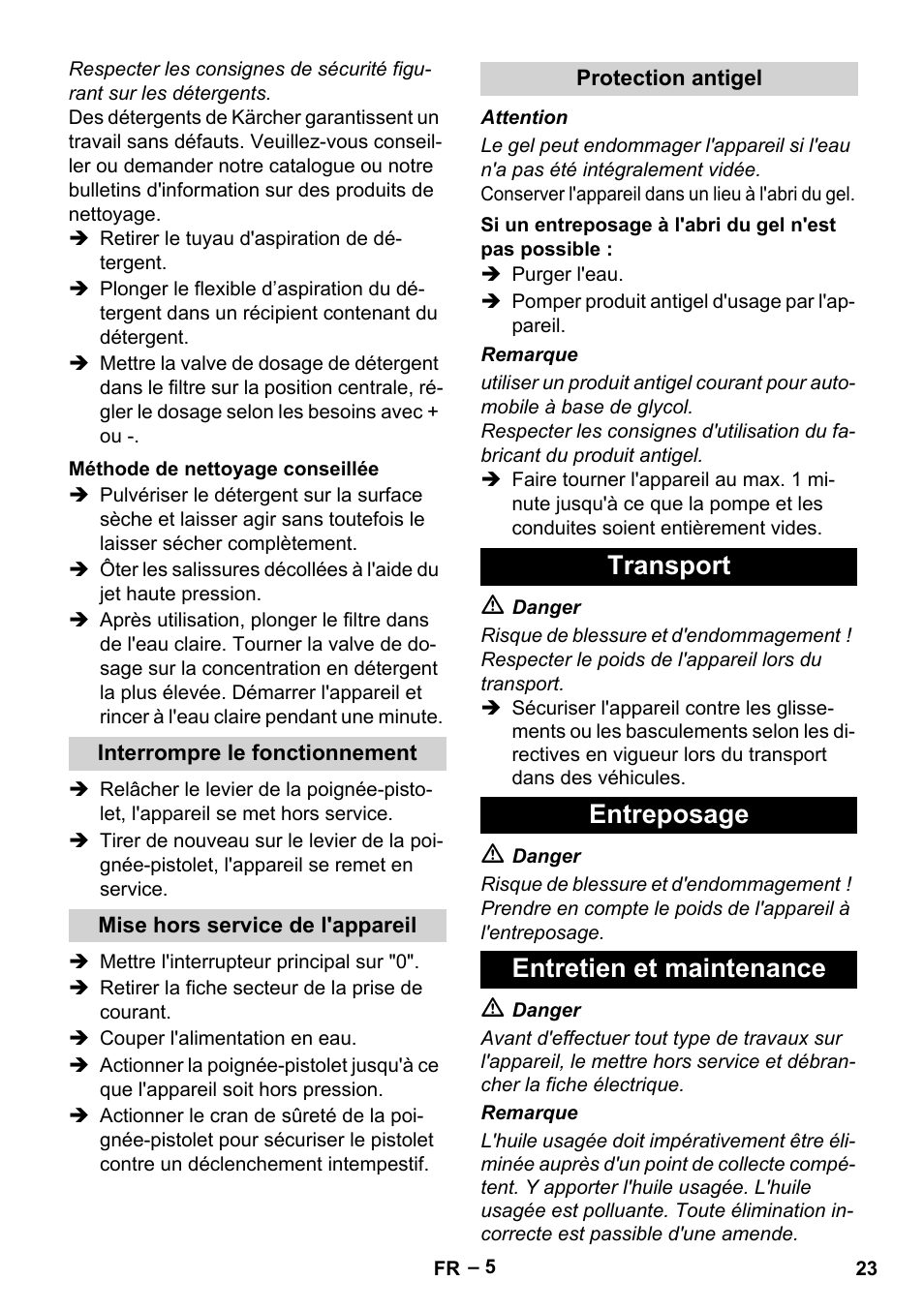 Transport entreposage entretien et maintenance | Karcher HD 715 User Manual | Page 23 / 222