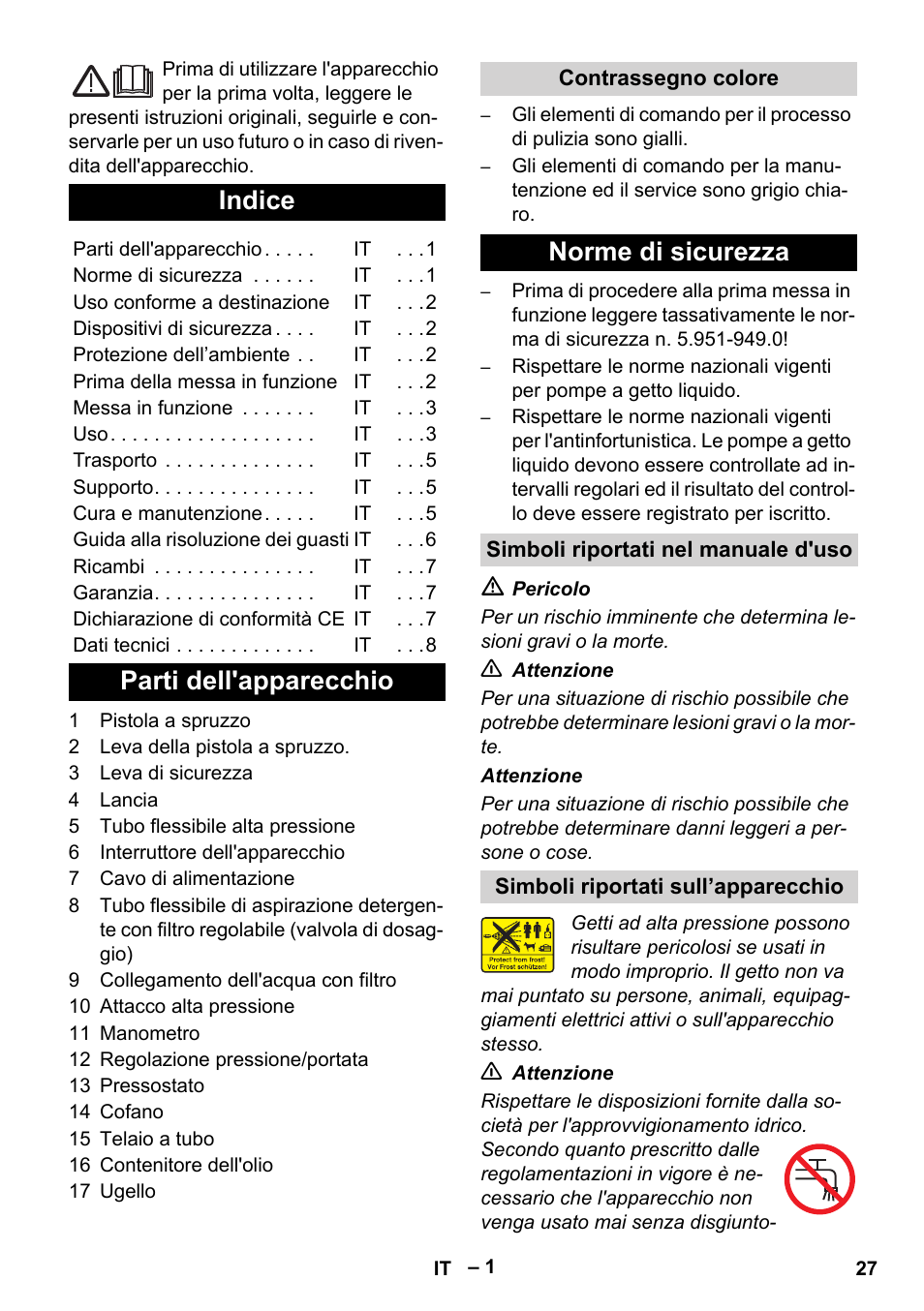 Italiano, Indice, Parti dell'apparecchio | Norme di sicurezza | Karcher HD 715 User Manual | Page 27 / 222