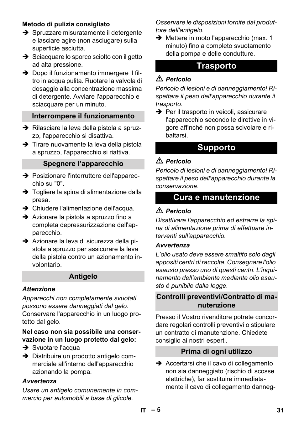 Trasporto supporto cura e manutenzione | Karcher HD 715 User Manual | Page 31 / 222