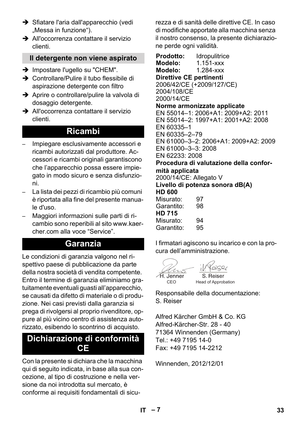 Ricambi garanzia dichiarazione di conformità ce | Karcher HD 715 User Manual | Page 33 / 222