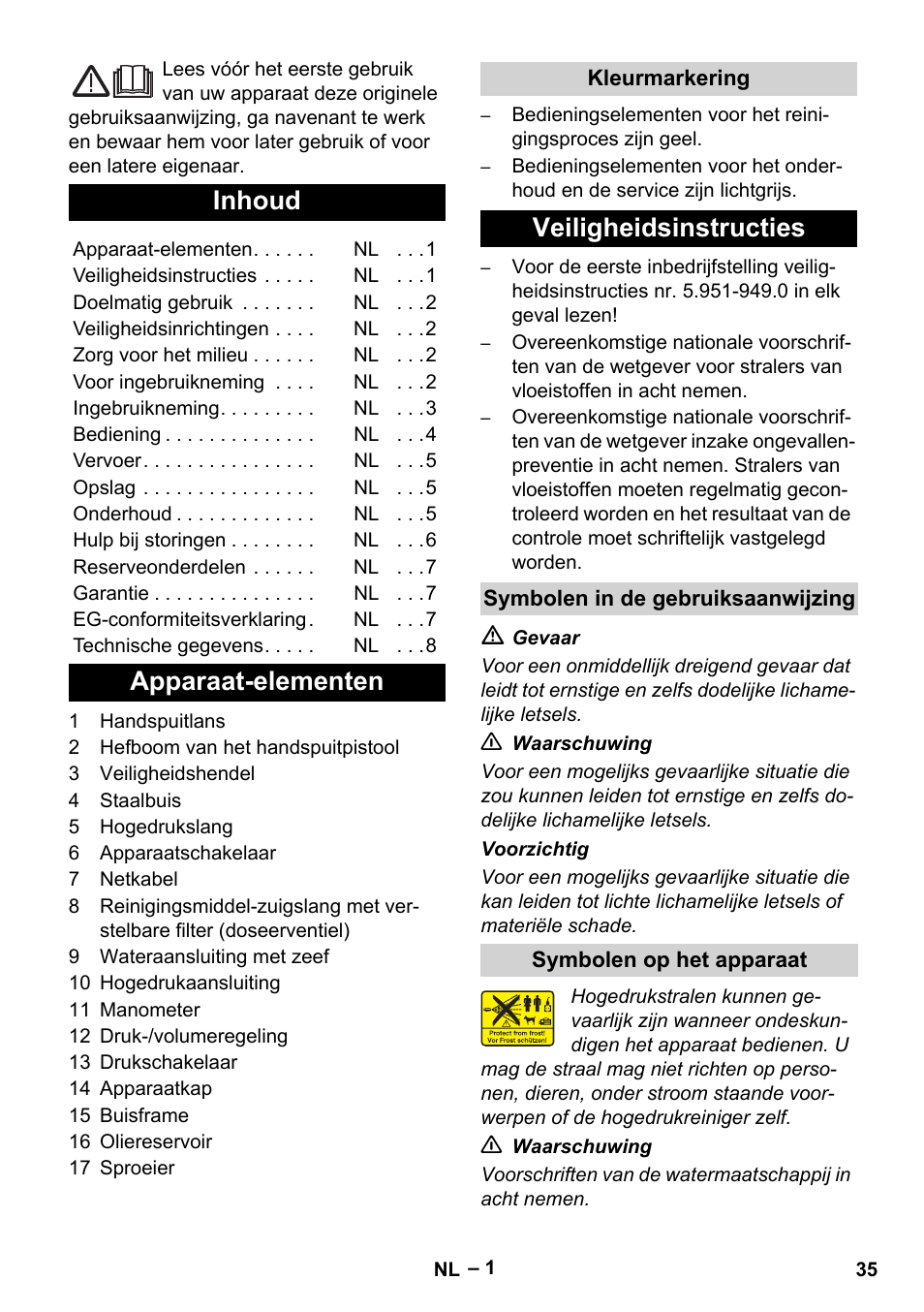 Nederlands, Inhoud, Apparaat-elementen | Veiligheidsinstructies | Karcher HD 715 User Manual | Page 35 / 222