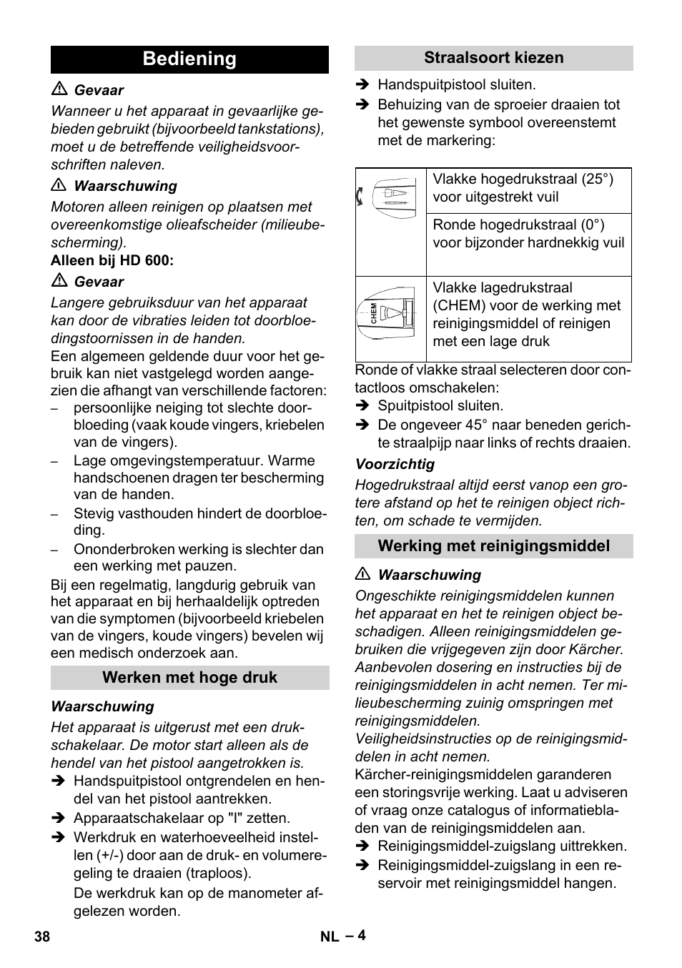 Bediening | Karcher HD 715 User Manual | Page 38 / 222