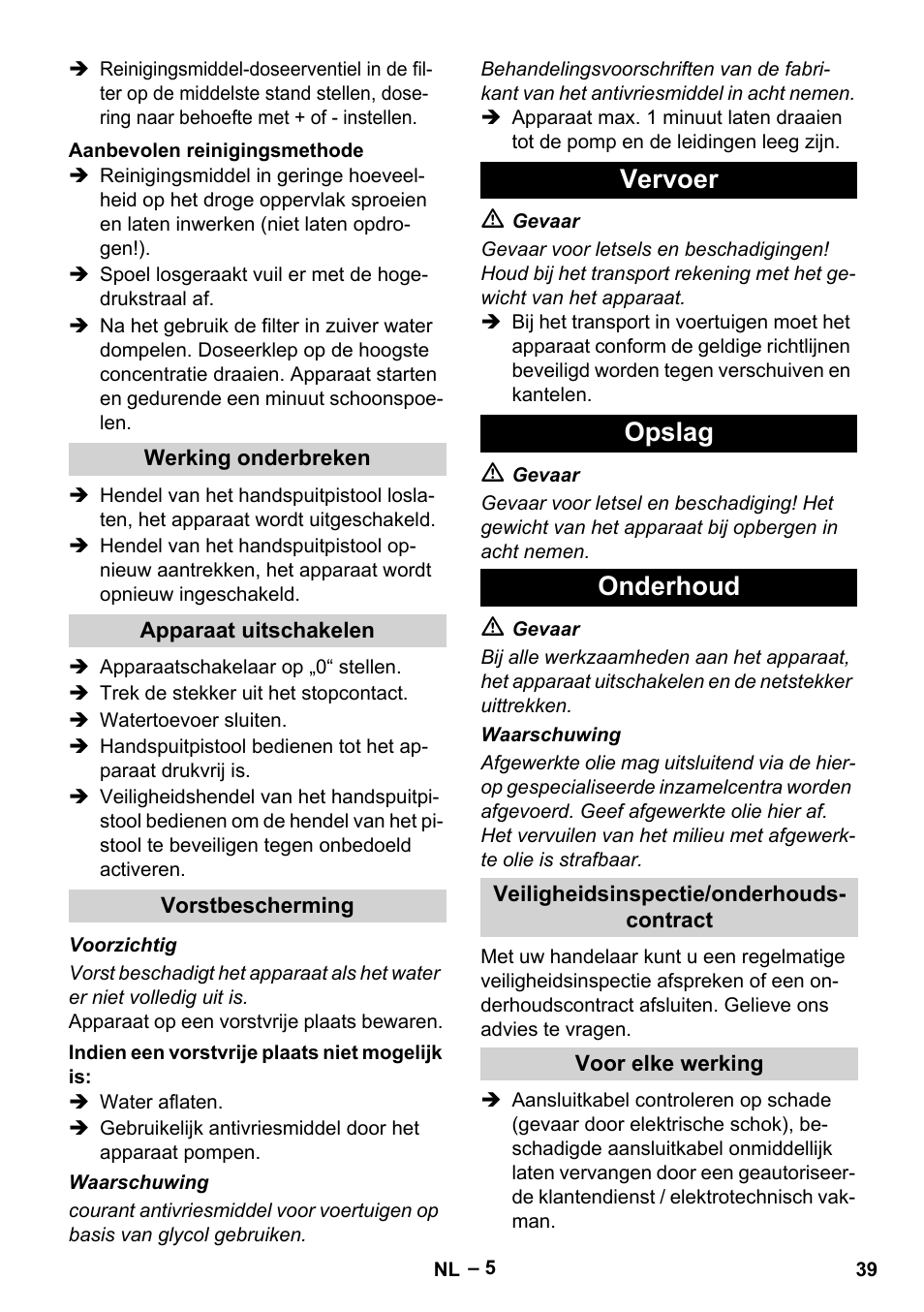 Vervoer opslag onderhoud | Karcher HD 715 User Manual | Page 39 / 222