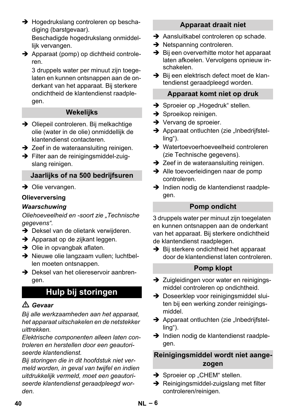 Hulp bij storingen | Karcher HD 715 User Manual | Page 40 / 222