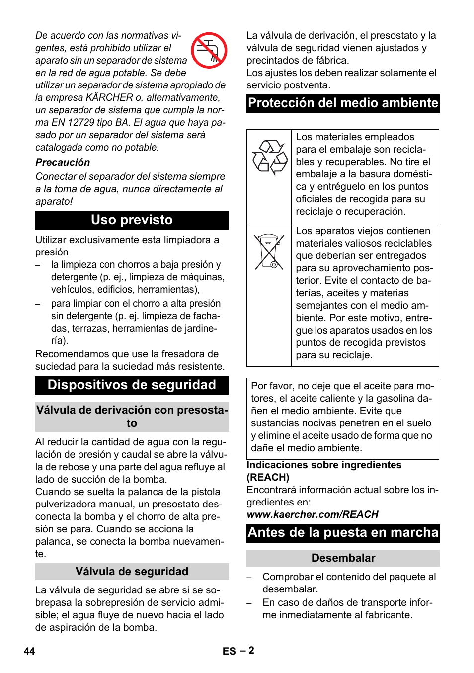 Uso previsto dispositivos de seguridad, Protección del medio ambiente, Antes de la puesta en marcha | Karcher HD 715 User Manual | Page 44 / 222