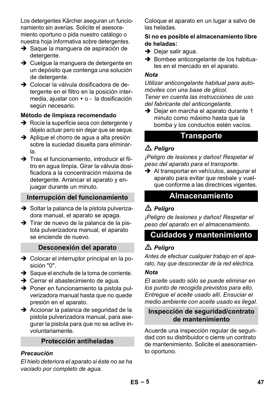 Transporte almacenamiento cuidados y mantenimiento | Karcher HD 715 User Manual | Page 47 / 222