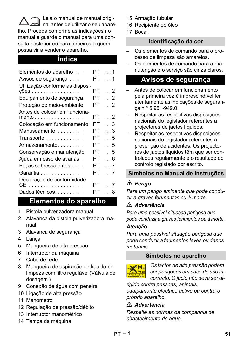 Português, Índice, Elementos do aparelho | Avisos de segurança | Karcher HD 715 User Manual | Page 51 / 222