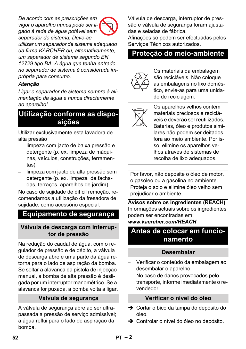 Proteção do meio-ambiente, Antes de colocar em funcio- namento | Karcher HD 715 User Manual | Page 52 / 222