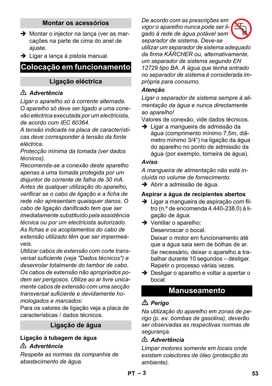 Colocação em funcionamento, Manuseamento | Karcher HD 715 User Manual | Page 53 / 222