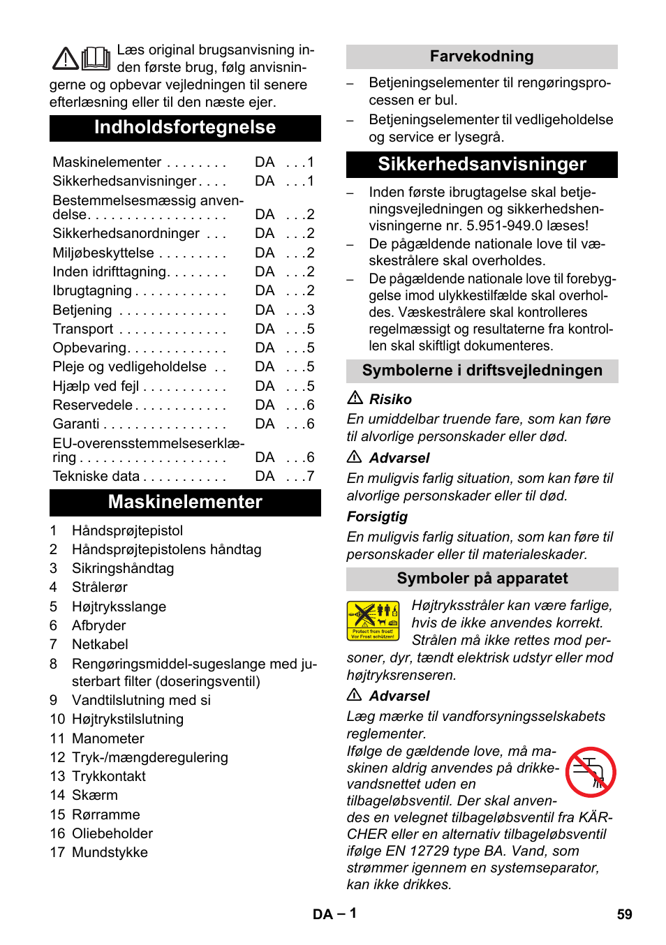 Dansk, Indholdsfortegnelse, Maskinelementer | Sikkerhedsanvisninger | Karcher HD 715 User Manual | Page 59 / 222