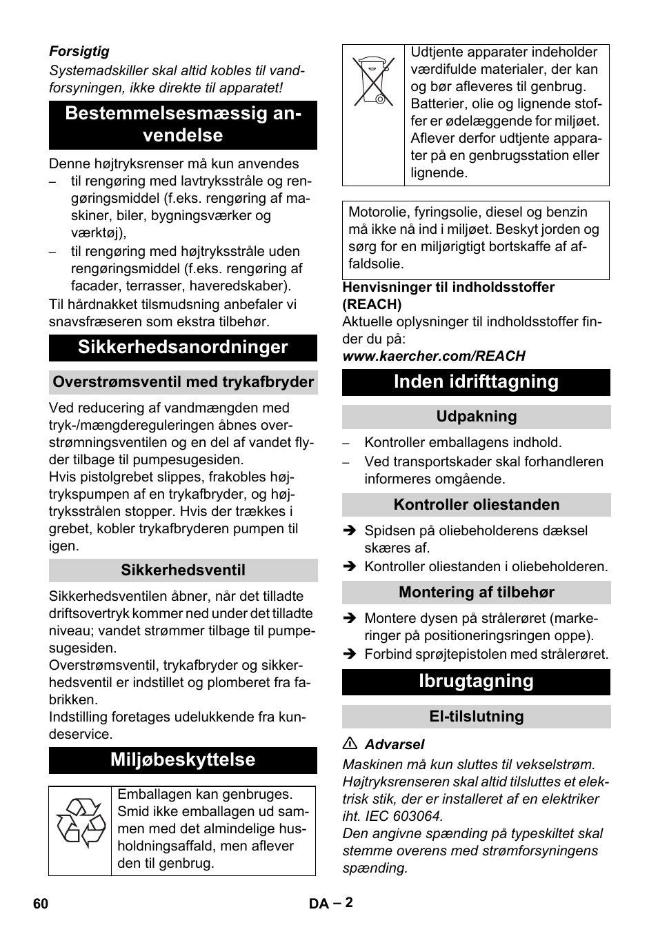 Miljøbeskyttelse, Inden idrifttagning, Ibrugtagning | Karcher HD 715 User Manual | Page 60 / 222