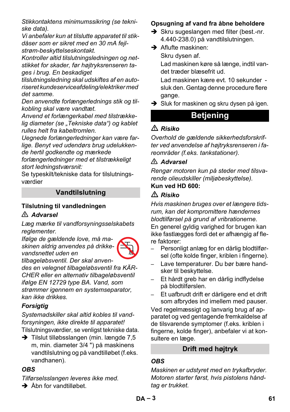 Betjening | Karcher HD 715 User Manual | Page 61 / 222