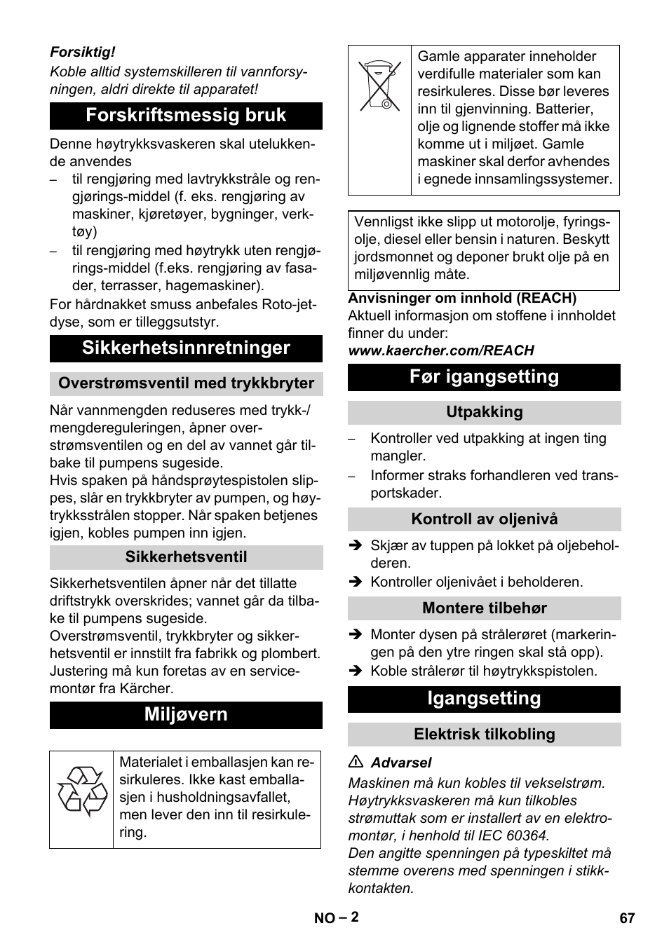 Forskriftsmessig bruk sikkerhetsinnretninger, Miljøvern, Før igangsetting | Igangsetting | Karcher HD 715 User Manual | Page 67 / 222