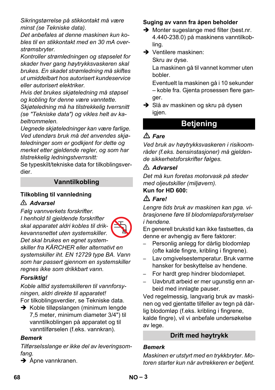 Betjening | Karcher HD 715 User Manual | Page 68 / 222