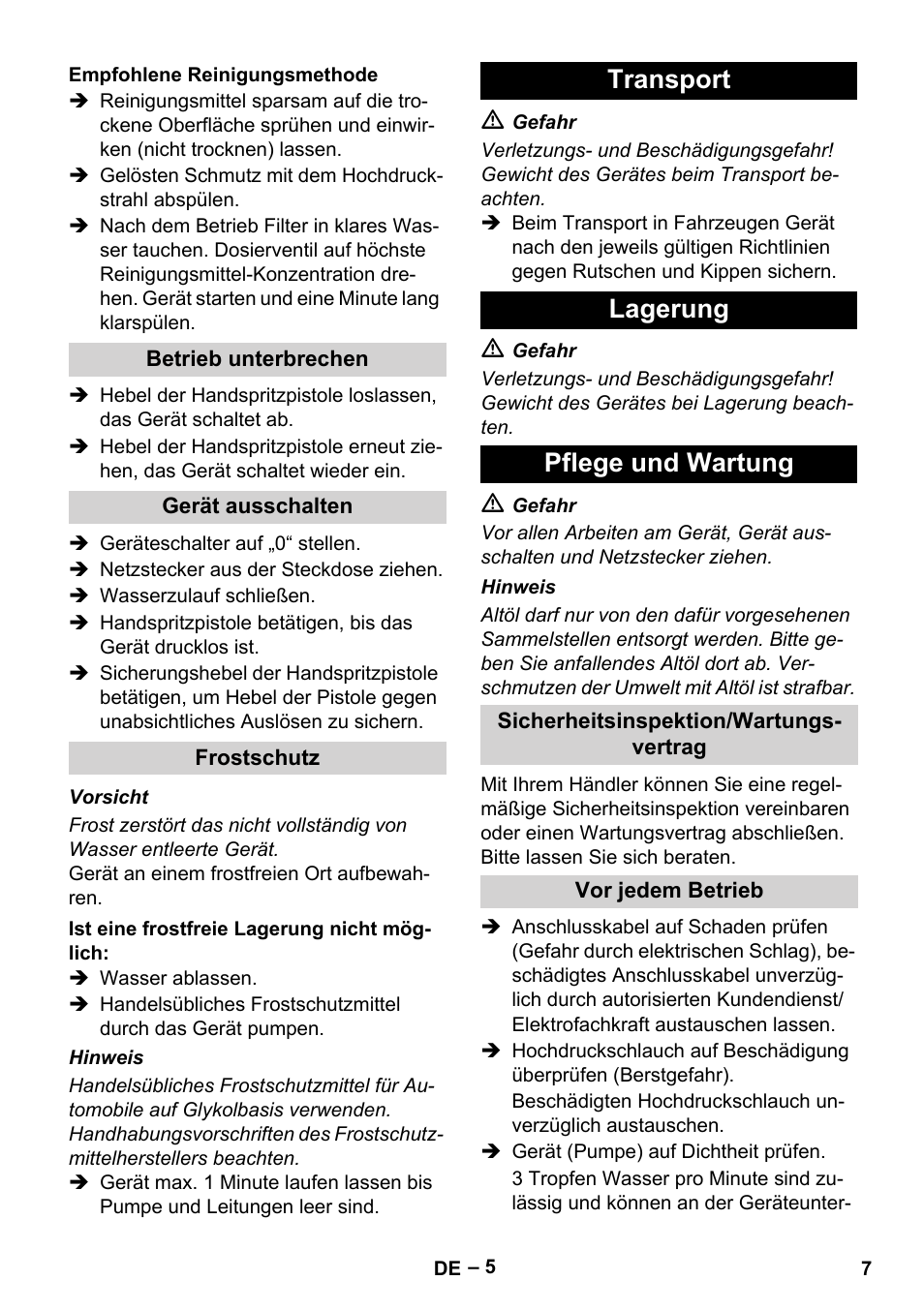 Transport lagerung pflege und wartung | Karcher HD 715 User Manual | Page 7 / 222