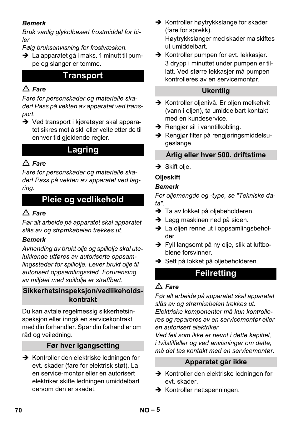 Transport lagring pleie og vedlikehold, Feilretting | Karcher HD 715 User Manual | Page 70 / 222