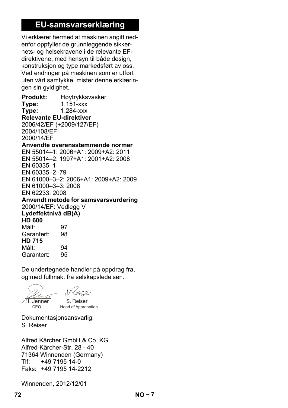 Eu-samsvarserklæring | Karcher HD 715 User Manual | Page 72 / 222