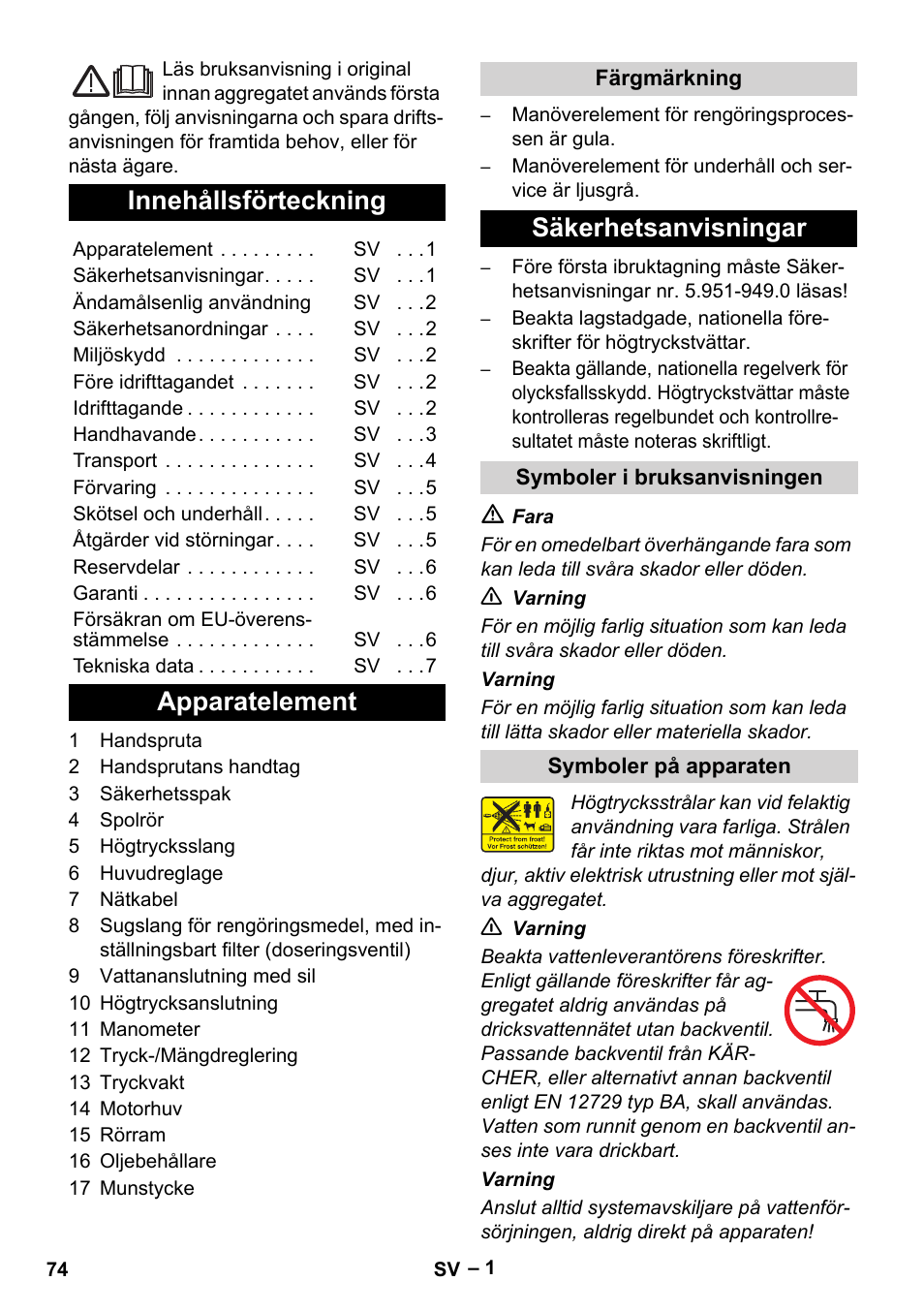 Svenska, Innehållsförteckning, Apparatelement | Säkerhetsanvisningar | Karcher HD 715 User Manual | Page 74 / 222