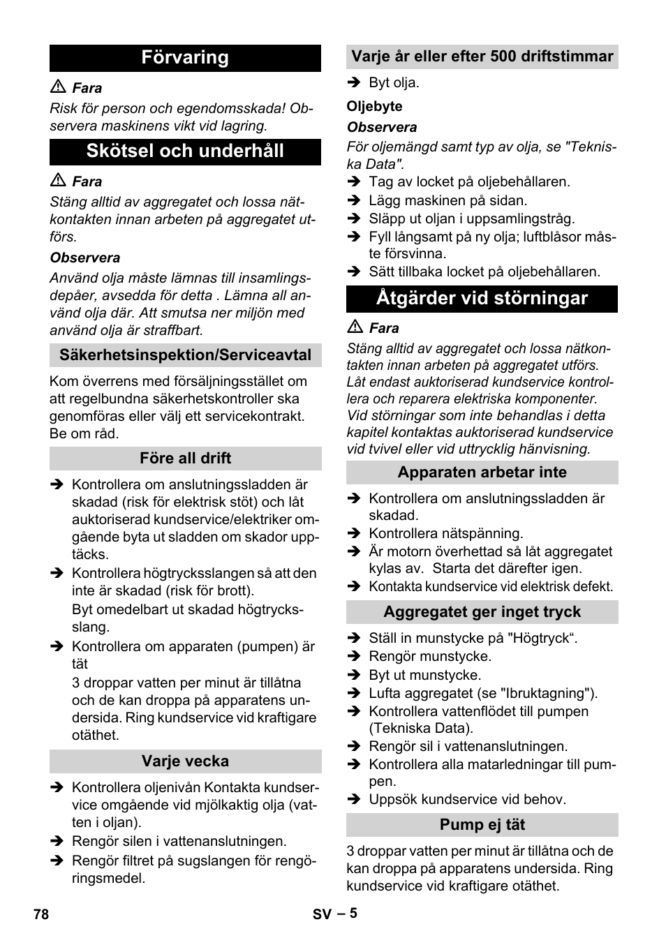 Förvaring skötsel och underhåll, Åtgärder vid störningar | Karcher HD 715 User Manual | Page 78 / 222