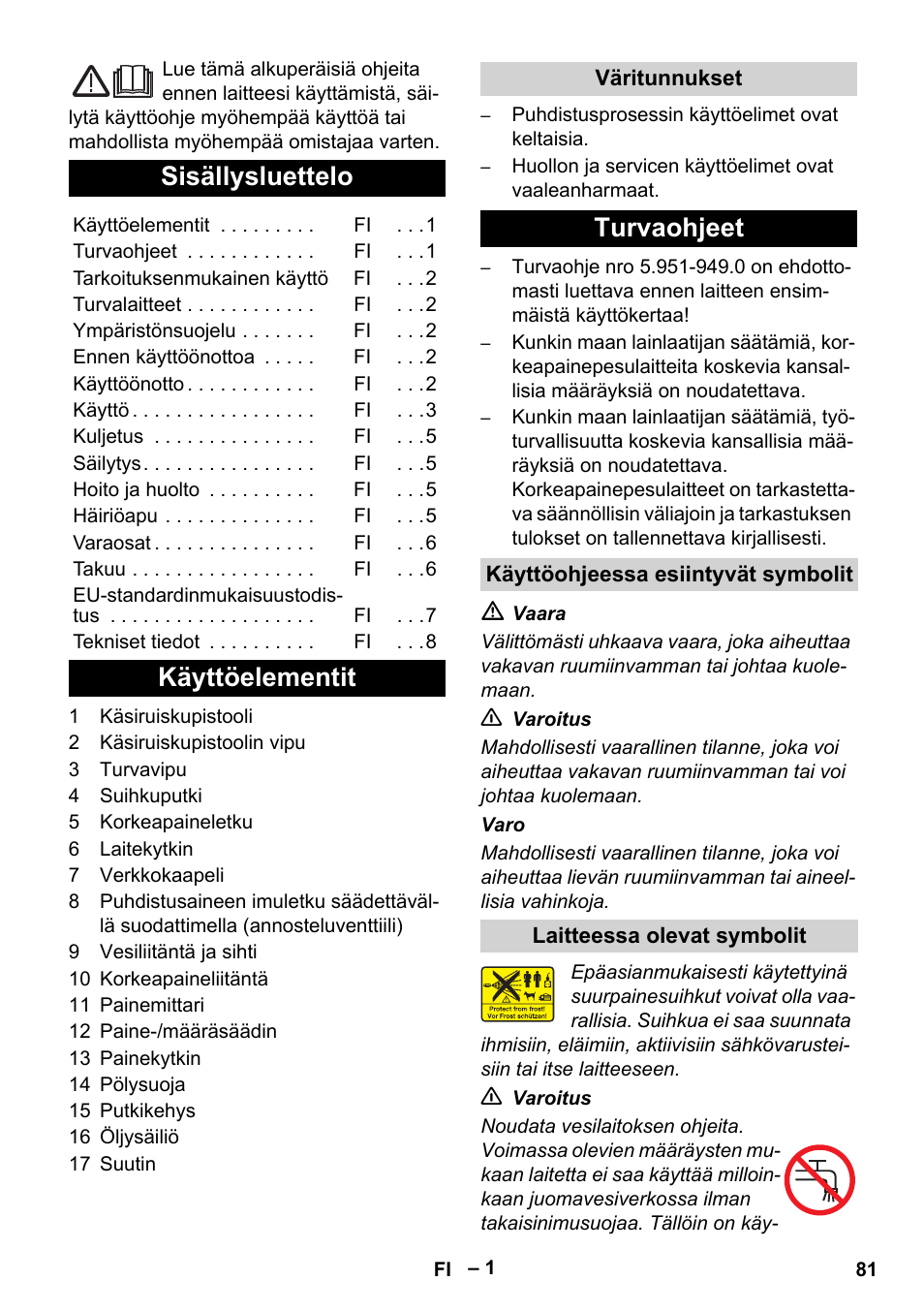 Suomi, Sisällysluettelo, Käyttöelementit | Turvaohjeet | Karcher HD 715 User Manual | Page 81 / 222