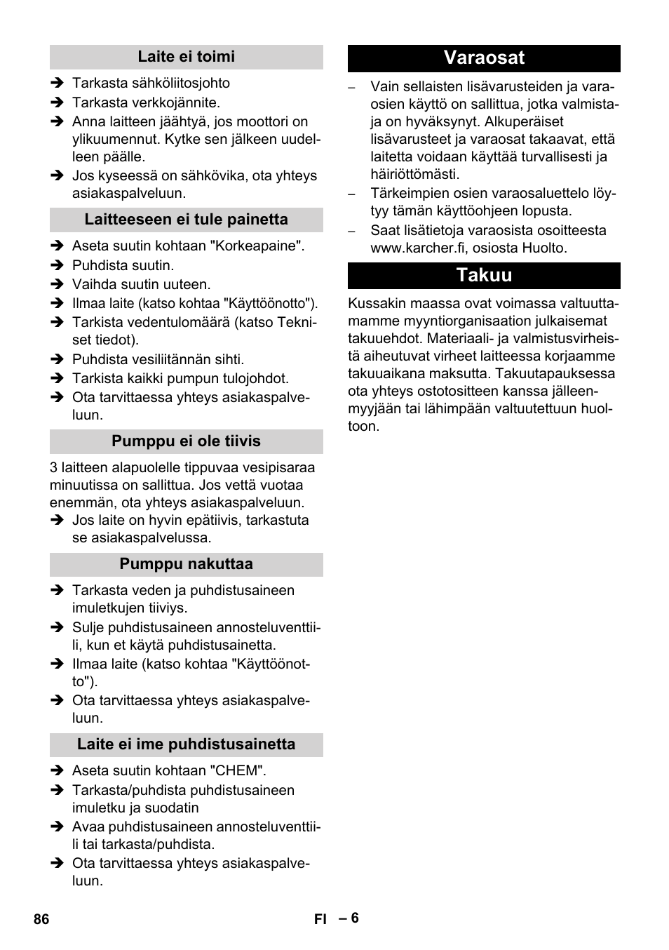 Varaosat takuu | Karcher HD 715 User Manual | Page 86 / 222