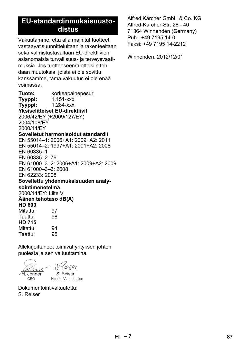 Eu-standardinmukaisuusto- distus | Karcher HD 715 User Manual | Page 87 / 222