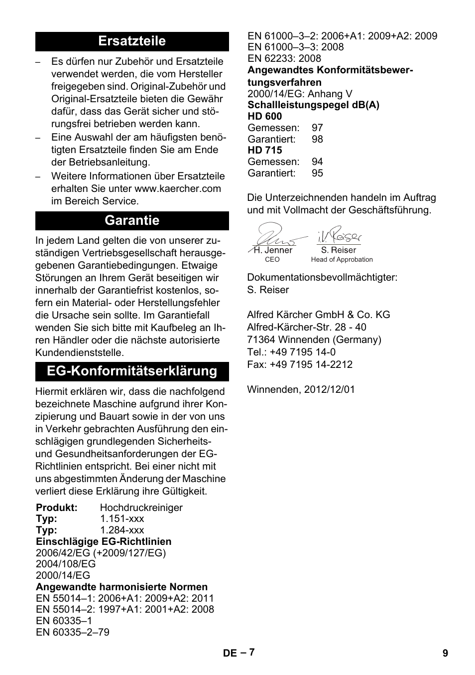 Ersatzteile garantie eg-konformitätserklärung | Karcher HD 715 User Manual | Page 9 / 222