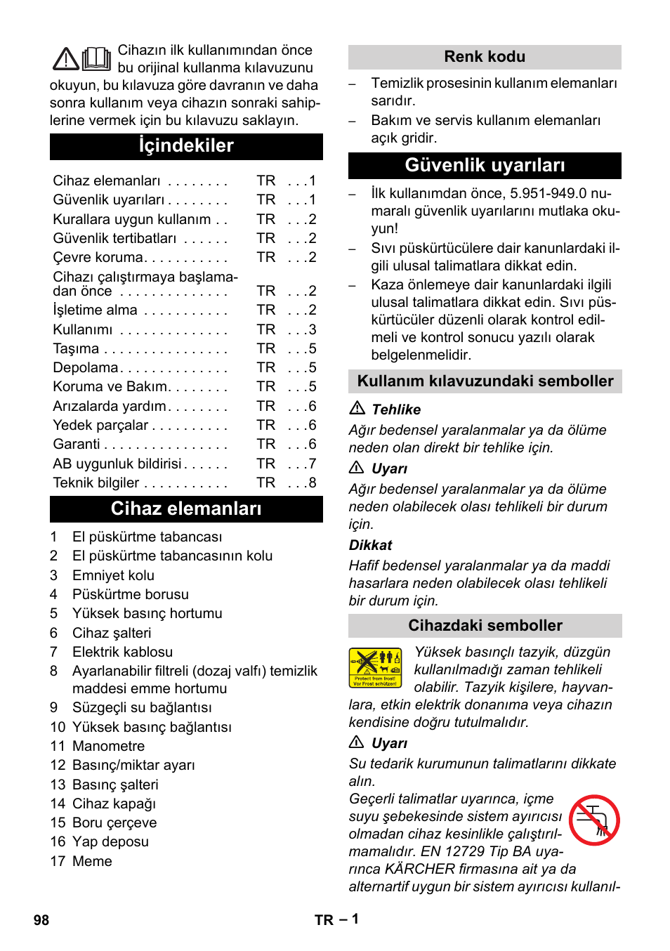 Türkçe, Içindekiler, Cihaz elemanları | Güvenlik uyarıları | Karcher HD 715 User Manual | Page 98 / 222