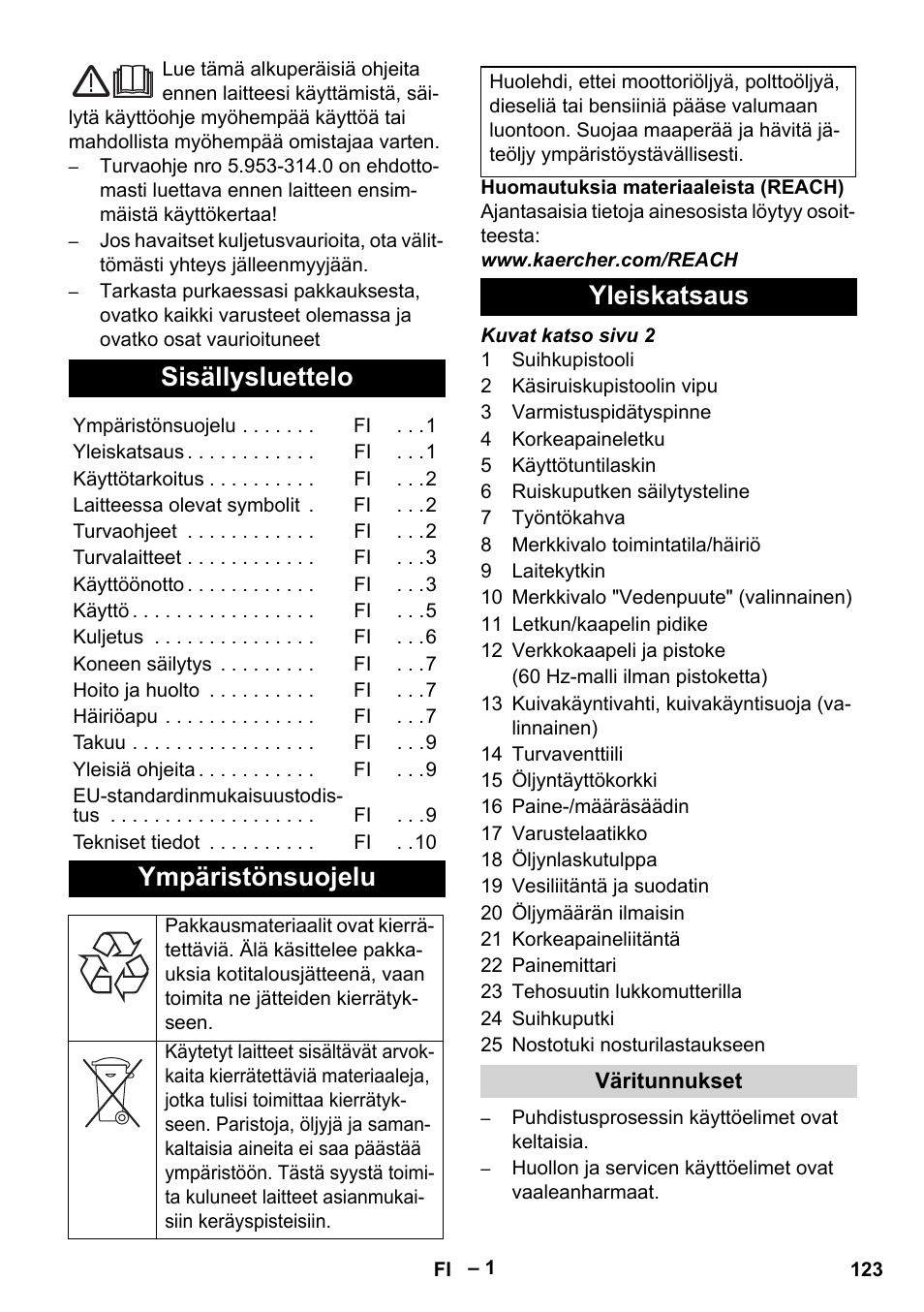 Suomi, Sisällysluettelo, Ympäristönsuojelu | Yleiskatsaus | Karcher HD 9-50-4 User Manual | Page 123 / 340