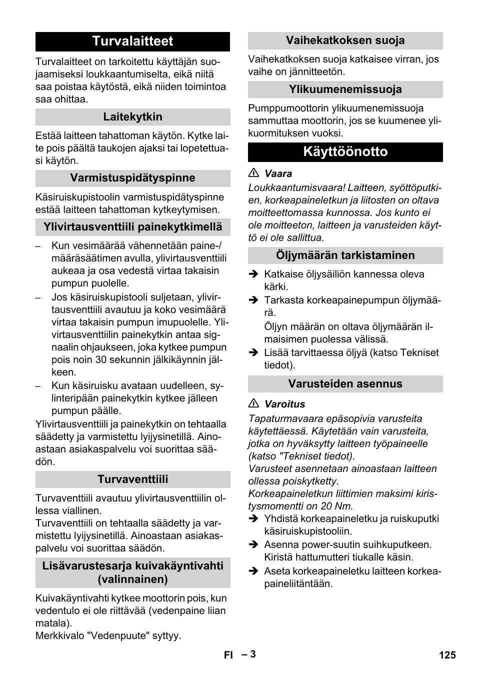 Turvalaitteet, Käyttöönotto | Karcher HD 9-50-4 User Manual | Page 125 / 340