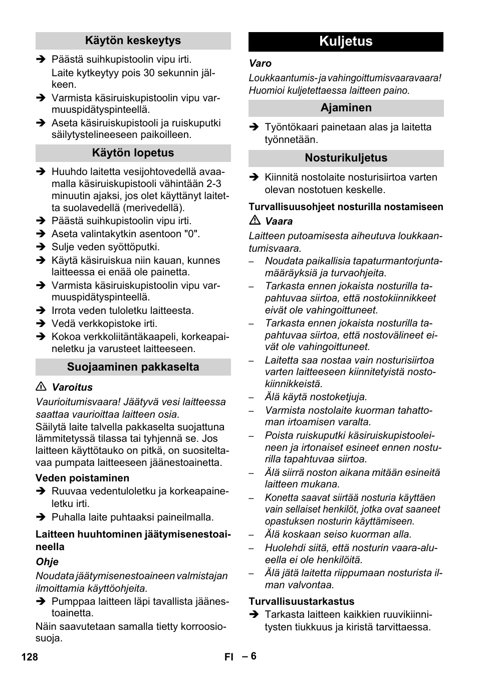 Kuljetus | Karcher HD 9-50-4 User Manual | Page 128 / 340