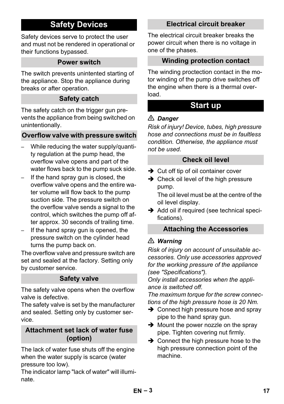 Safety devices, Start up | Karcher HD 9-50-4 User Manual | Page 17 / 340