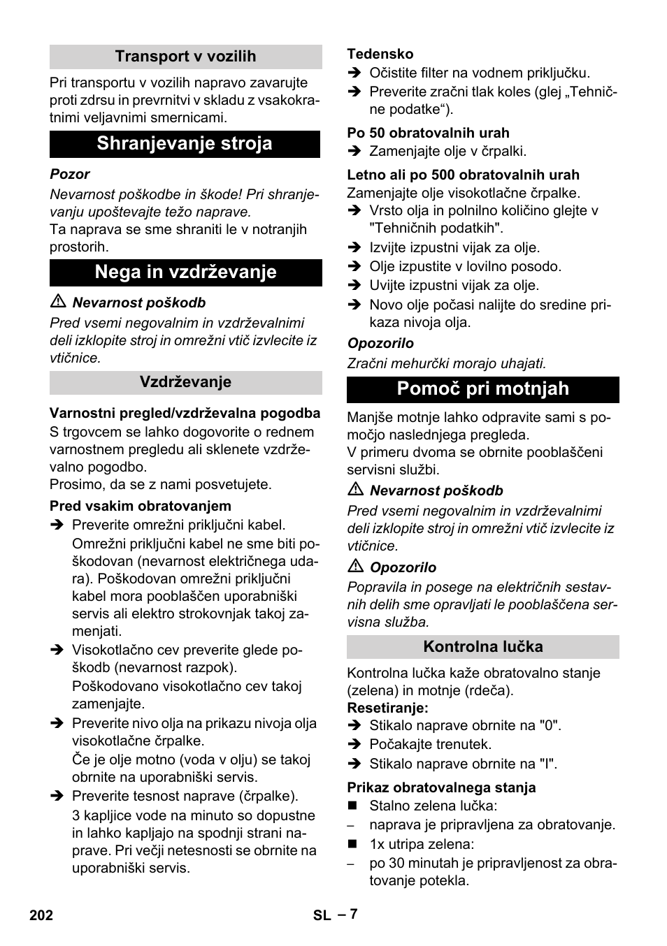 Shranjevanje stroja nega in vzdrževanje, Pomoč pri motnjah | Karcher HD 9-50-4 User Manual | Page 202 / 340