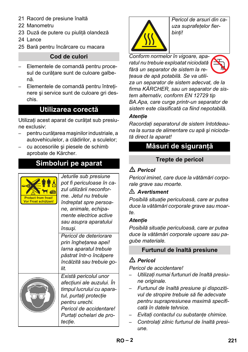 Utilizarea corectă simboluri pe aparat, Măsuri de siguranţă | Karcher HD 9-50-4 User Manual | Page 221 / 340