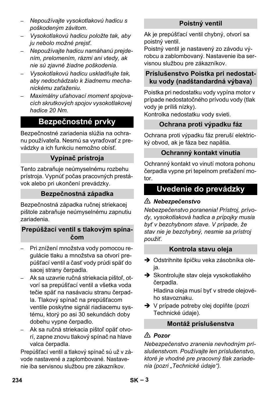 Bezpečnostné prvky, Uvedenie do prevádzky | Karcher HD 9-50-4 User Manual | Page 234 / 340