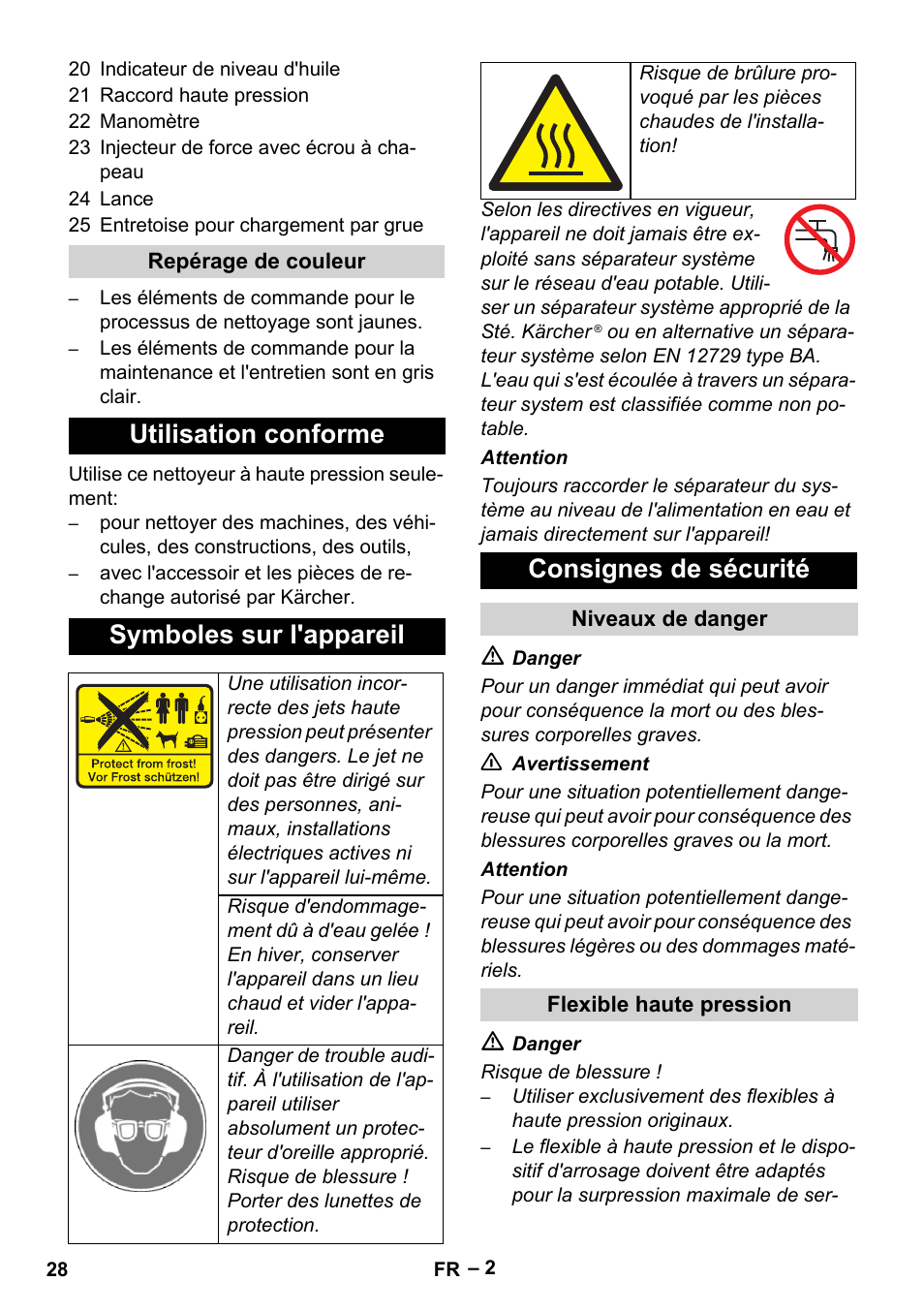 Utilisation conforme symboles sur l'appareil, Consignes de sécurité | Karcher HD 9-50-4 User Manual | Page 28 / 340