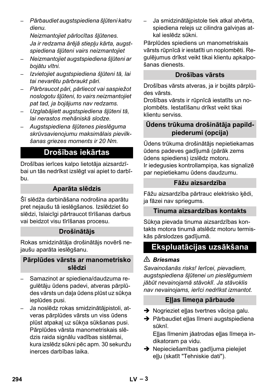 Drošības iekārtas, Ekspluatācijas uzsākšana | Karcher HD 9-50-4 User Manual | Page 294 / 340