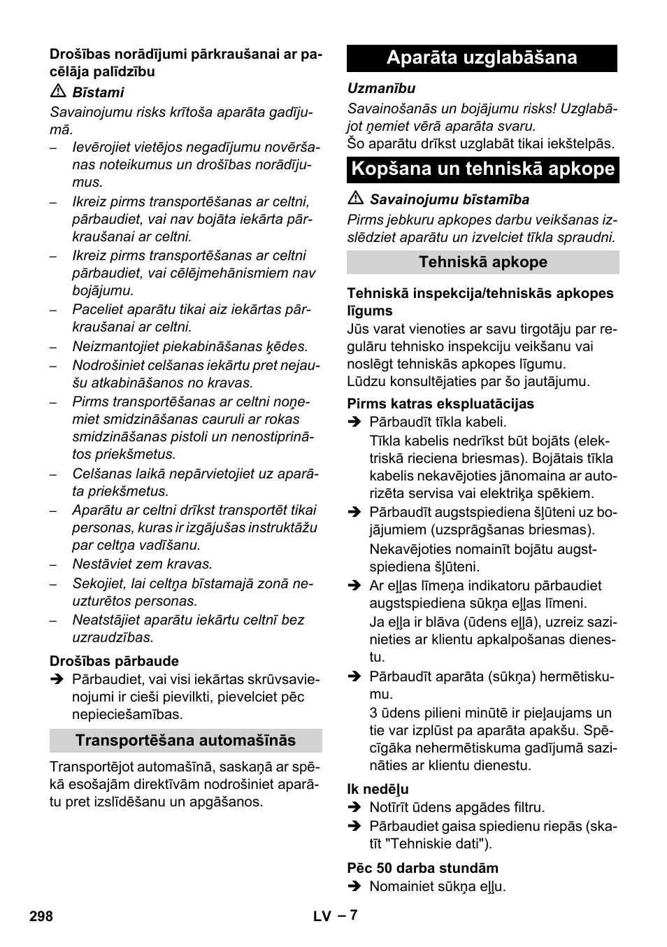 Aparāta uzglabāšana kopšana un tehniskā apkope | Karcher HD 9-50-4 User Manual | Page 298 / 340