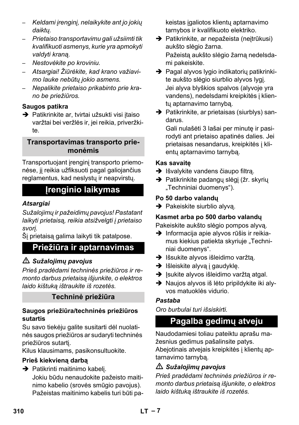 Įrenginio laikymas priežiūra ir aptarnavimas, Pagalba gedimų atveju | Karcher HD 9-50-4 User Manual | Page 310 / 340