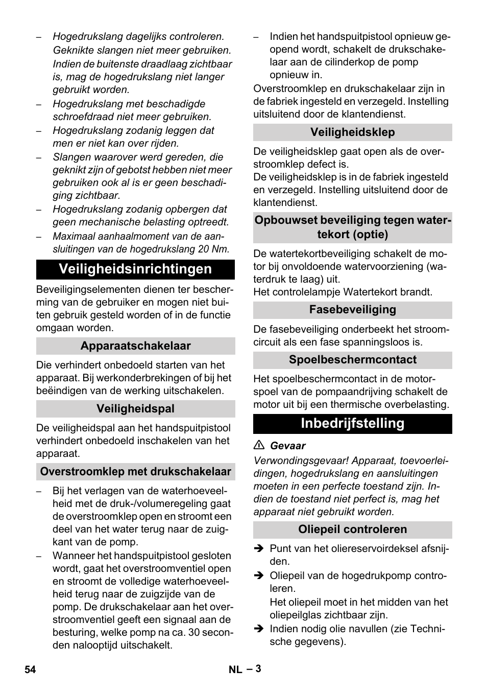 Veiligheidsinrichtingen, Inbedrijfstelling | Karcher HD 9-50-4 User Manual | Page 54 / 340