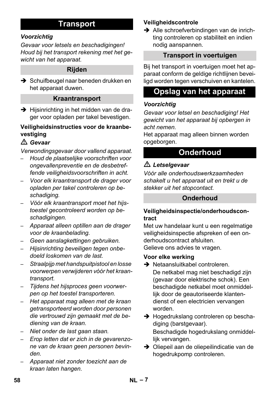 Transport, Opslag van het apparaat onderhoud | Karcher HD 9-50-4 User Manual | Page 58 / 340