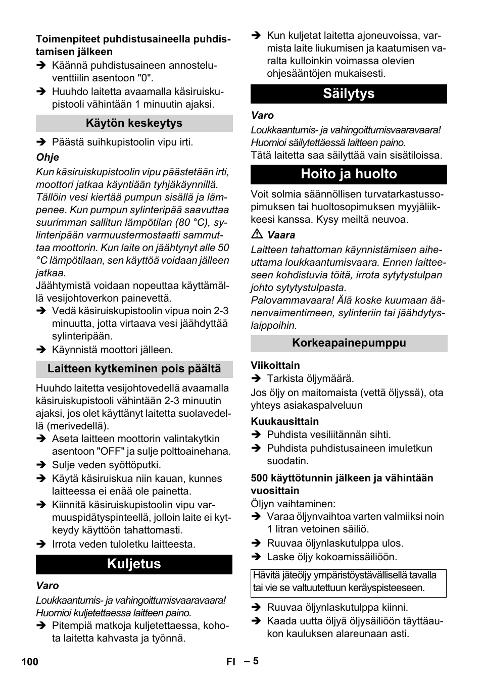 Kuljetus säilytys hoito ja huolto | Karcher HD 801 B User Manual | Page 100 / 254