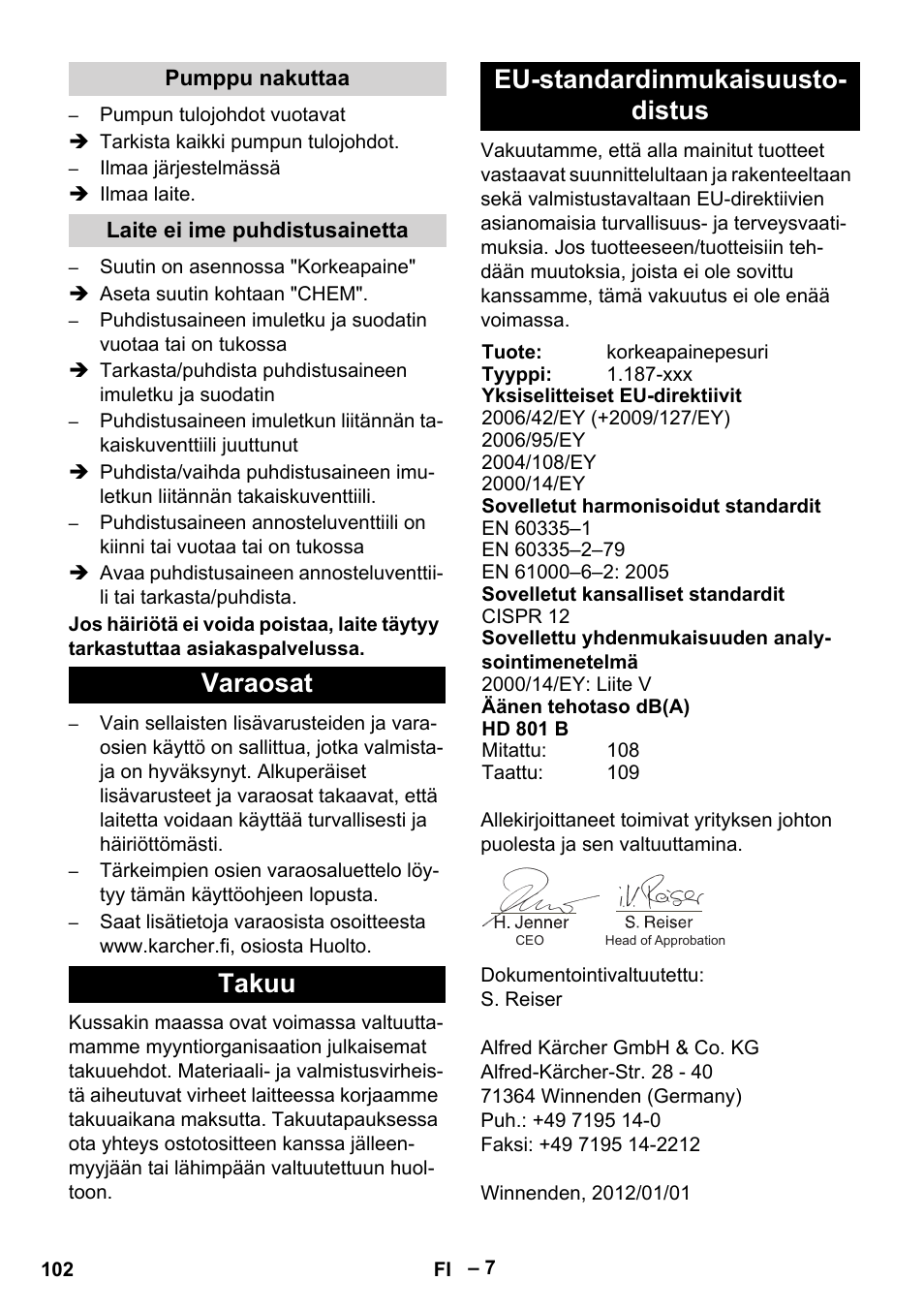 Varaosat takuu eu-standardinmukaisuusto- distus | Karcher HD 801 B User Manual | Page 102 / 254