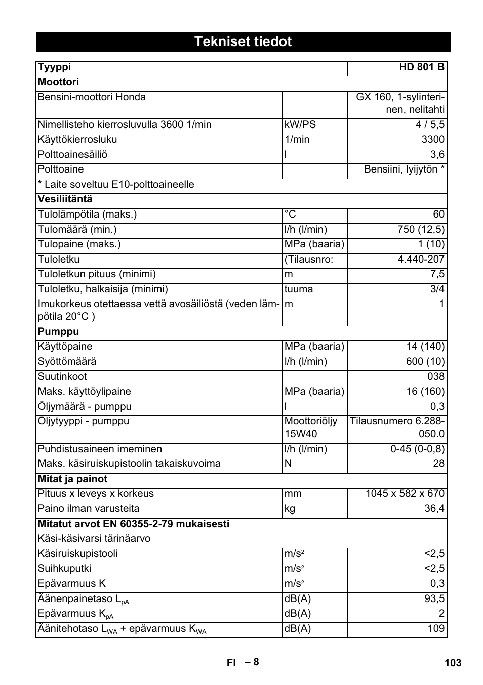Tekniset tiedot | Karcher HD 801 B User Manual | Page 103 / 254