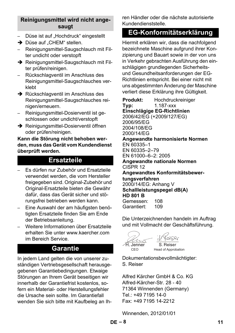 Ersatzteile garantie eg-konformitätserklärung | Karcher HD 801 B User Manual | Page 11 / 254